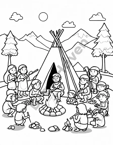Coloring book image of prehistoric tribe around campfire, hunting, gathering, crafting, and socializing in black and white