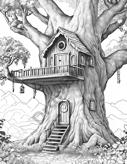 Coloring book image of enchanting treehouse in whispering woods with carved windows and woodland creatures in black and white