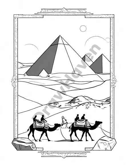 intricate coloring page of the ancient pyramids of giza at sunset, camels and guides in the desert. perfect for history and travel enthusiasts in black and white