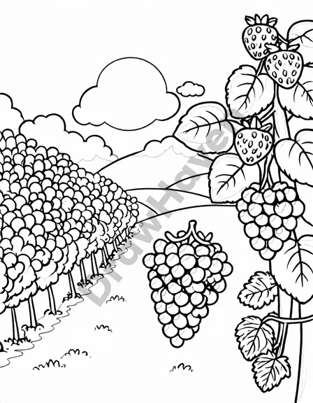 coloring page featuring a mix of colorful berries in a vineyard under a summer sky in black and white