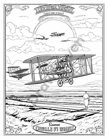 Coloring book image of wright brothers' first flight with orville piloting and wilbur running at kitty hawk in black and white