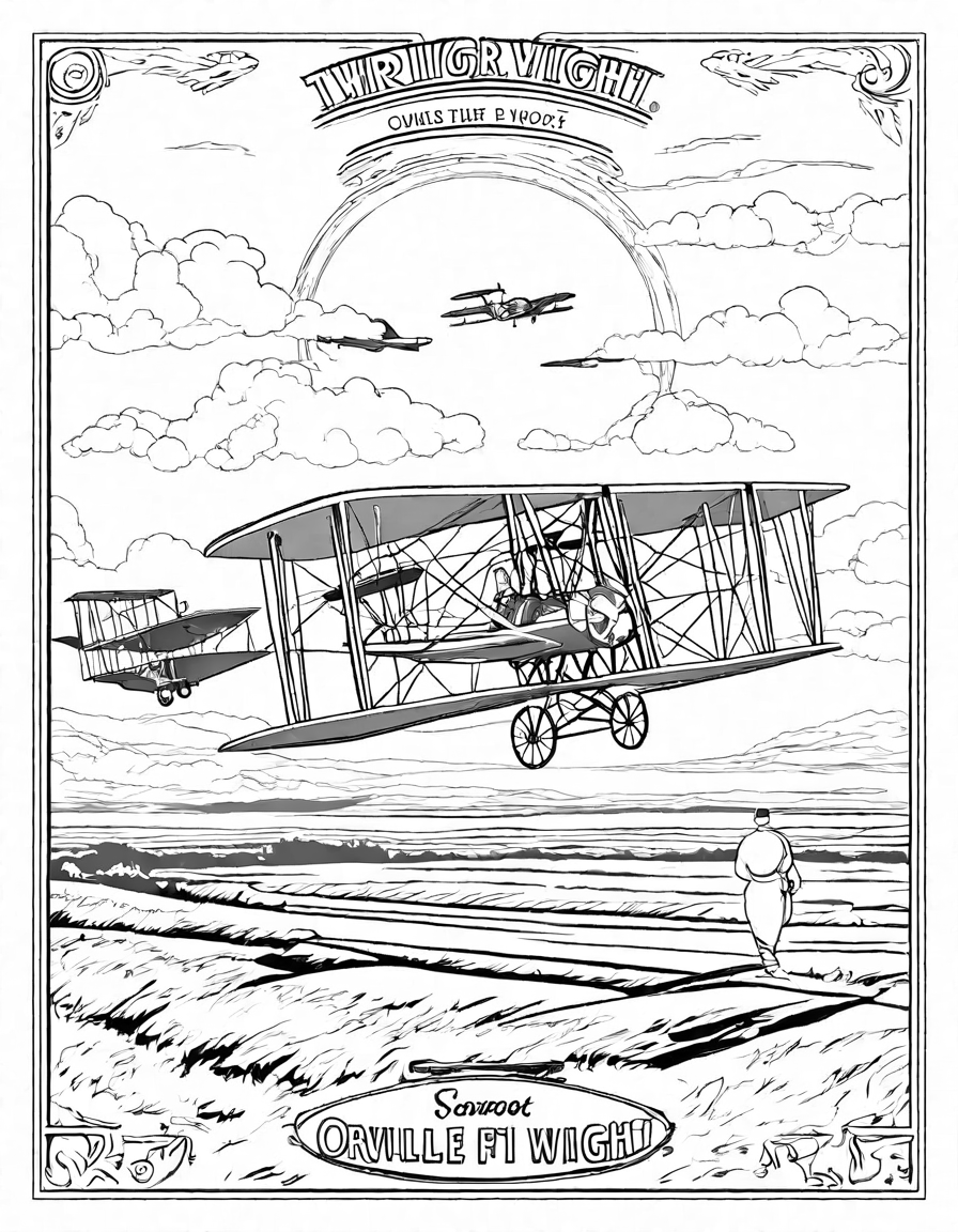 Coloring book image of wright brothers' first flight with orville piloting and wilbur running at kitty hawk in black and white