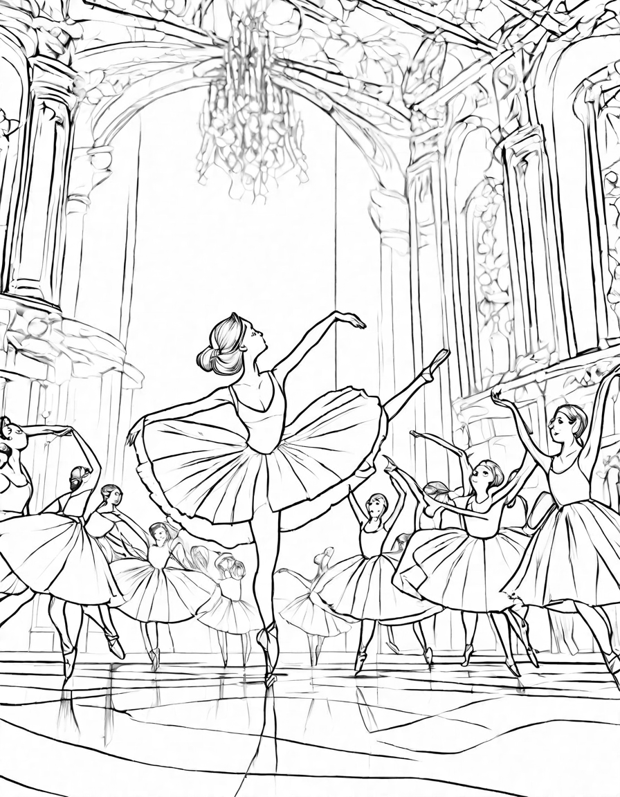 coloring book page featuring ballet dancers in various poses on stage with detailed backdrop in black and white