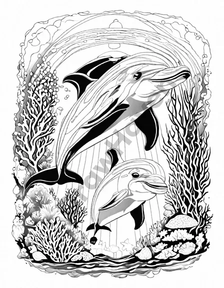 coloring book page: dolphins swimming gracefully in the ocean at sundown, surrounded by coral reefs and other sea creatures in black and white