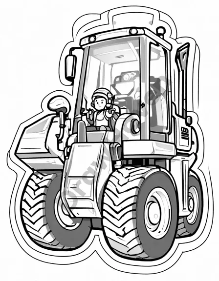 coloring page of a giant wheel loader at a construction site, surrounded by workers in black and white