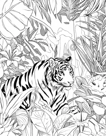 coloring book page featuring tigers in a jungle-themed zoo setting, designed for children's creativity in black and white