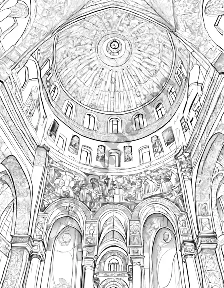 byzantine basilicas coloring page with grand domes, mosaics, and arches for historical and artistic enthusiasts in black and white