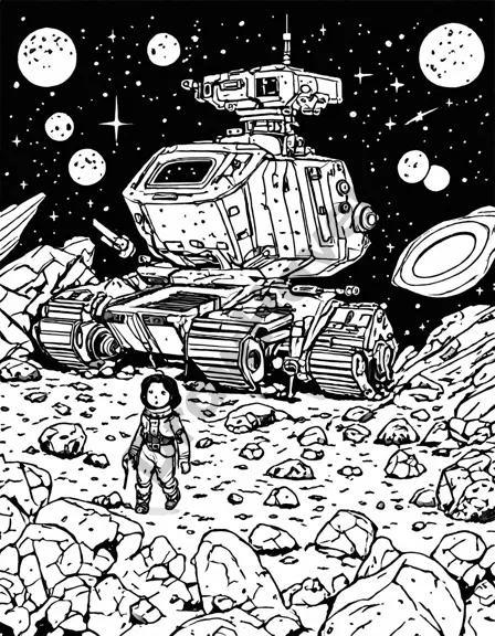 space explorers navigate asteroid belt in detailed coloring book scene in black and white