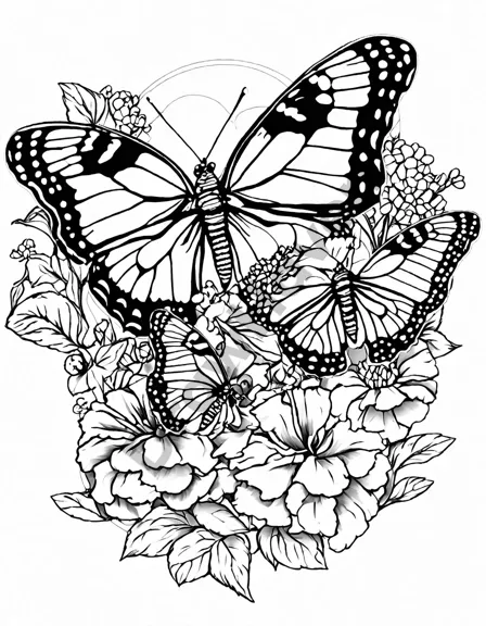 coloring book page featuring intricate butterflies and flowers, inviting artistic coloring in black and white