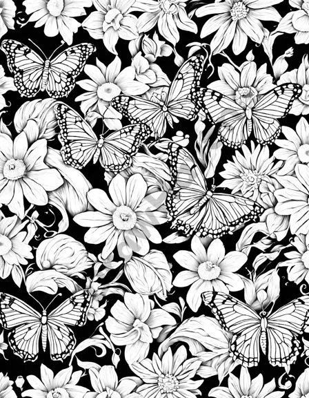 coloring book page featuring butterflies in a detailed garden with various flowers, awaiting coloring in black and white