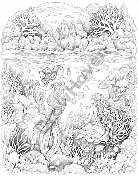 enchanted kingdom of mermaids coloring page with vibrant coral gardens and graceful sea creatures in black and white