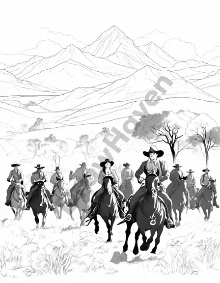 coloring book image of cowboys and cowgirls on a cattle drive in the wild west at sunset in black and white
