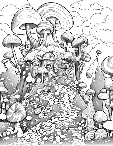 coloring page of lollipop forest in candy land with colorful trees and playful candy creatures in black and white