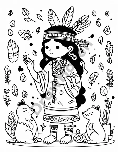 the healing shaman coloring page: intricate native american shaman adorned with totem animals, feathers, and healing herbs in black and white