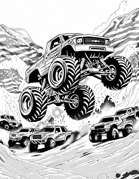 Coloring book image of colorful monster trucks gearing up for a showdown in front of an excited crowd at a rally in black and white