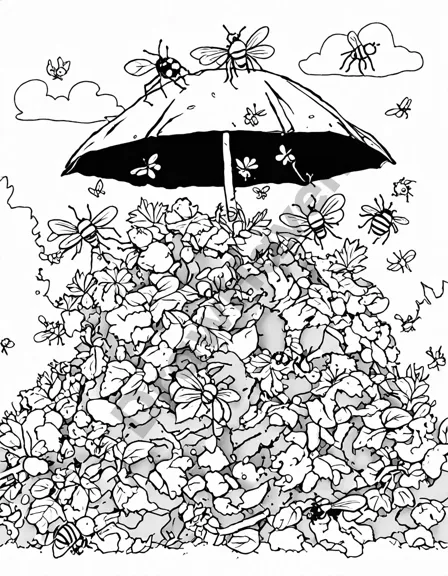 coloring page of flies around a compost heap in a garden with flowers and plants in black and white