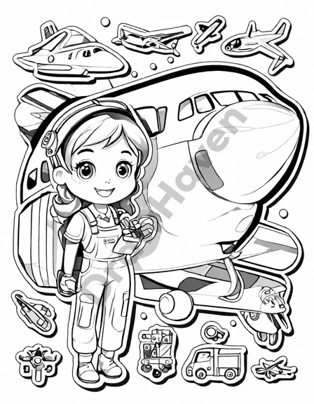 coloring page of an airplane maintenance workshop with engineers and technicians in black and white