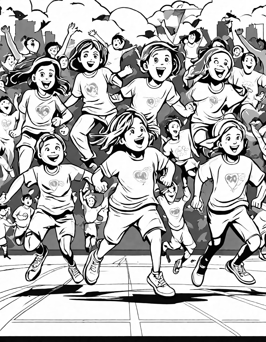 coloring page depicting students participating in field day activities like tug of war in black and white