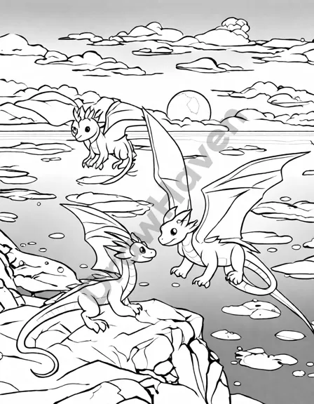 Coloring book image of three coastal dragons flying over the ocean at sunset with colorful sky and islands in black and white