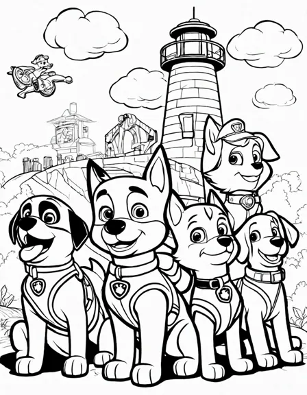 Coloring book image of paw patrol team at lookout tower, ready for their adventures in black and white