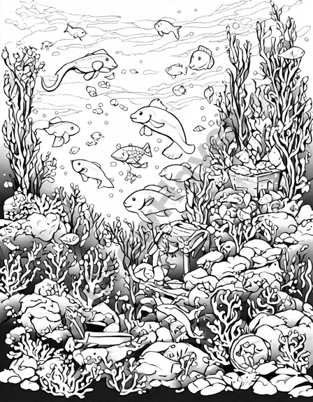 coloring image of a kelp forest with ocean life, seahorses, otters, fish, and a hidden treasure chest in black and white
