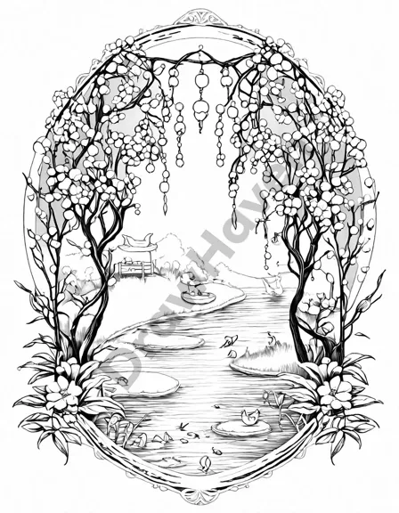 whimsical coloring page featuring a tranquil tea party in a secret garden by the pond in black and white