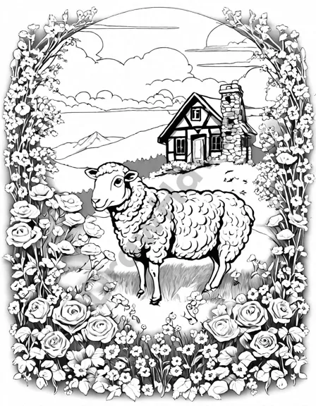 detailed coloring page of a charming cottage amidst a meadow with wildflowers and grazing sheep in black and white