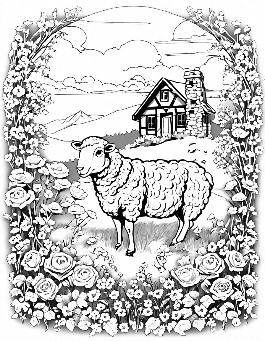 detailed coloring page of a charming cottage amidst a meadow with wildflowers and grazing sheep in black and white