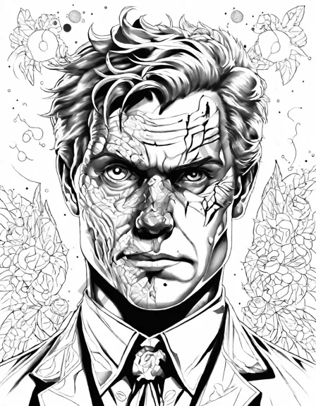 intricate coloring page featuring two-face's scarred visage and symbolic coin representing justice and chaos in black and white