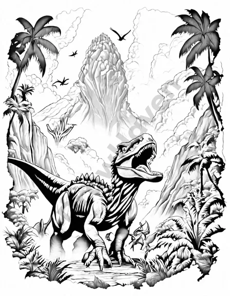 dinosaurs fleeing a volcanic eruption in a detailed coloring scene for kids in black and white
