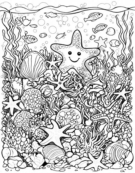 coloring book image of an underwater scene with starfish and seashells in vivid details in black and white