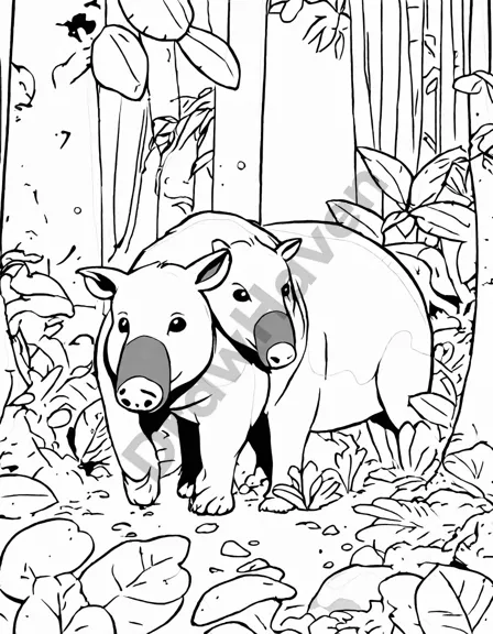 coloring book illustration of a tapir family in the rainforest, highlighting their role in the ecosystem in black and white