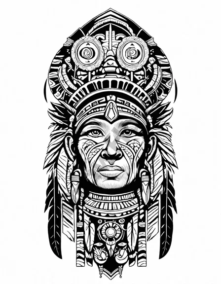 Coloring book image of intricate tribal totems adorned with native american designs and symbols in black and white