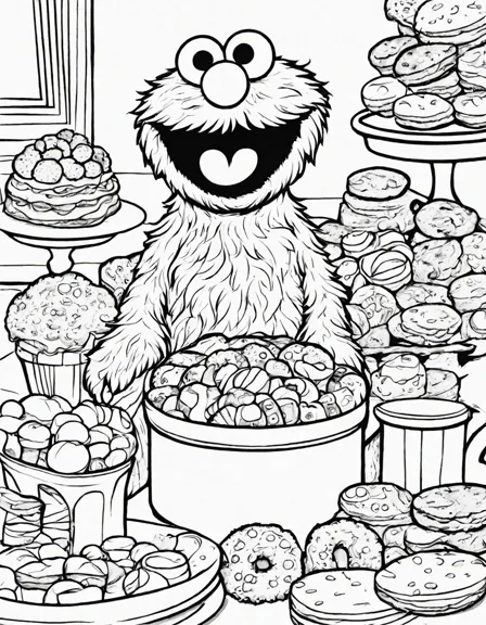 cookie monster gleefully dives into a sea of chocolate chip and oatmeal raisin cookies in this sesame street-themed coloring page in black and white