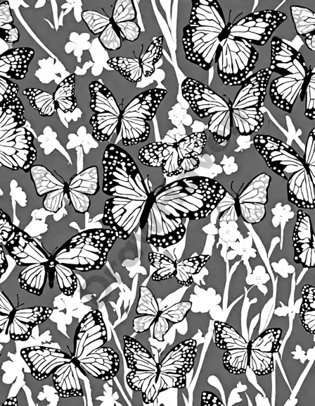 coloring book page featuring various butterflies over a meadow, waiting to be colored in black and white