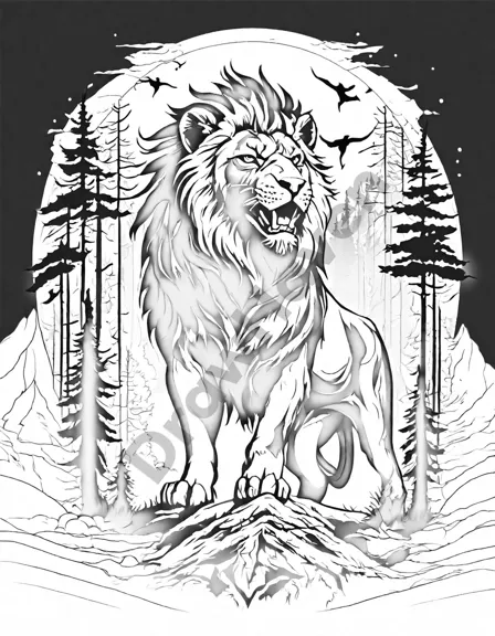 mythical chimera coloring page with lion, goat, and snake elements in desolate landscape for vivid coloring experience in black and white