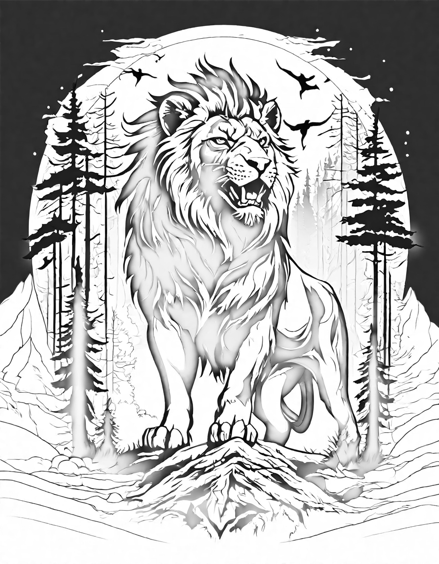 mythical chimera coloring page with lion, goat, and snake elements in desolate landscape for vivid coloring experience in black and white