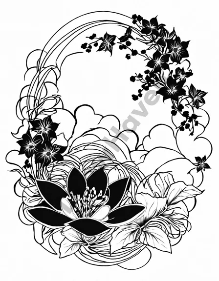coloring page depicting ikebana, featuring intricate floral arrangements in graceful curves and vibrant hues, inviting creativity and tranquility amidst a japanese spring garden in black and white
