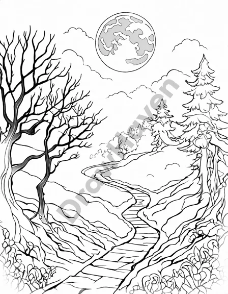 enchanted forest coloring page with fog, full moon, and ghostly shadows in black and white