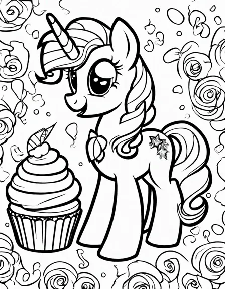 Coloring book image of pinkie pie hosts a cheerful cupcake party, surrounded by delicious cupcakes and whimsical decorations in black and white