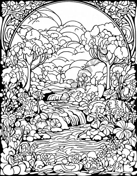 mystical art nouveau coloring page featuring intricate flora, fauna, and ethereal forms, perfect for imaginative coloring in black and white