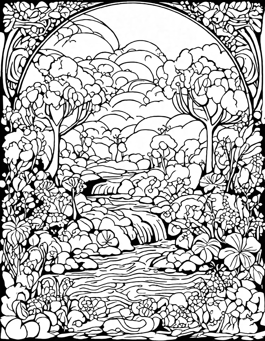 mystical art nouveau coloring page featuring intricate flora, fauna, and ethereal forms, perfect for imaginative coloring in black and white