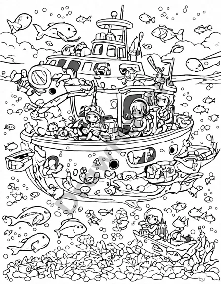 deep sea divers expedition coloring page featuring a team of divers exploring ocean depths with marine life and a sunken ship silhouette in black and white