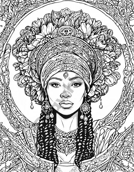 faces of culture coloring page celebrates human diversity with portraits adorned in traditional garments, headdresses, and expressions representing global cultures in black and white