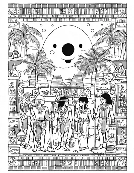 coloring page of an ancient egyptian market in thebes with stalls, artisans, and a sunset in black and white