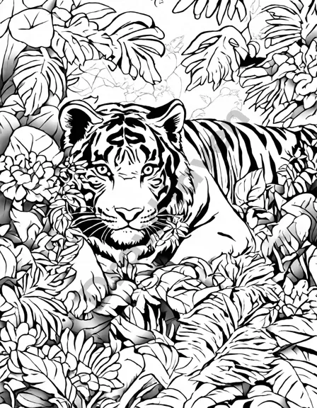 coloring book page featuring detailed tigers in a lush jungle, inviting a close interaction with nature in black and white