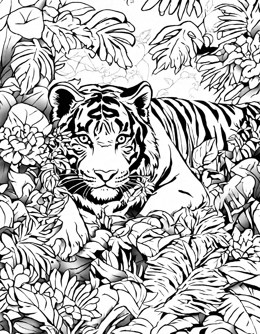 coloring book page featuring detailed tigers in a lush jungle, inviting a close interaction with nature in black and white
