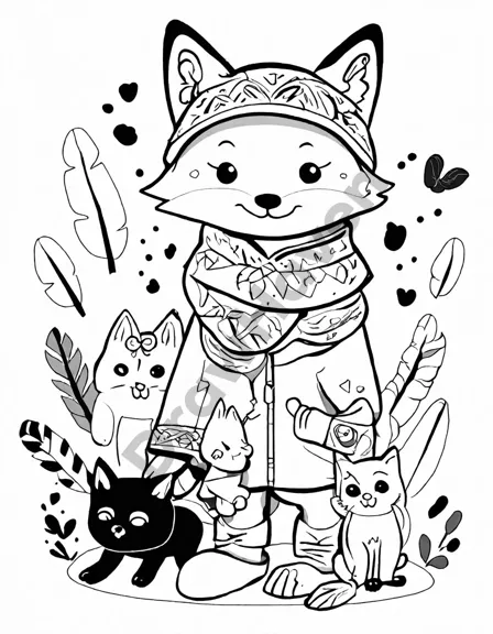 native american coloring book page featuring mischievous animal characters from legendary trickster tales in black and white