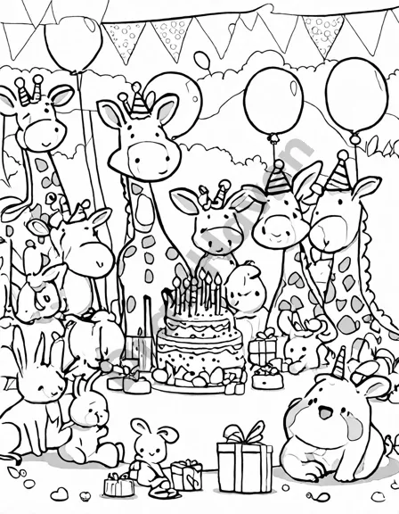 Coloring book image of animal friends celebrate around a birthday cake with balloons and happy birthday banners in black and white