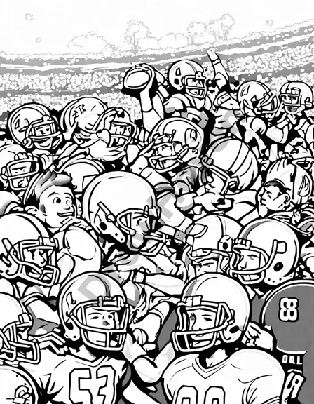 coloring book page of football stars in a night game with detailed stadium and fans background in black and white